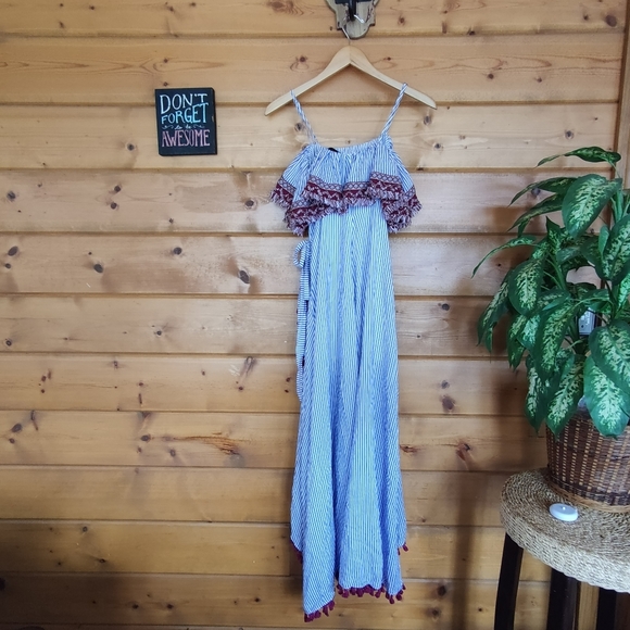 Charlie O. 💜 Kinnucan's Striped Maxi Dress Semi Wrap Boho Tassels Fringe Medium - Picture 3 of 12